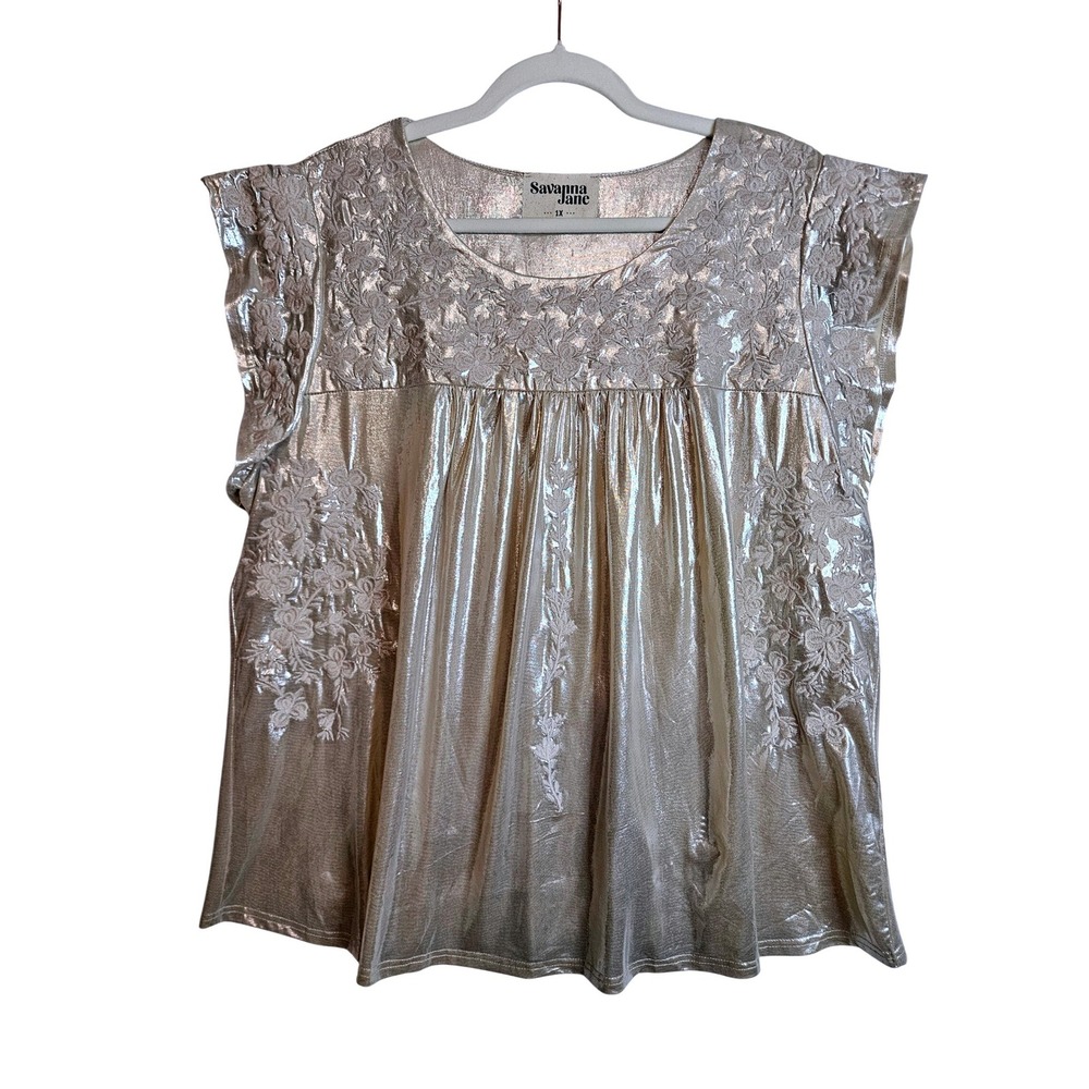 Savanna Jane 1X Metallic Gold Floral Embroidered Babydoll Top Fairycore #506